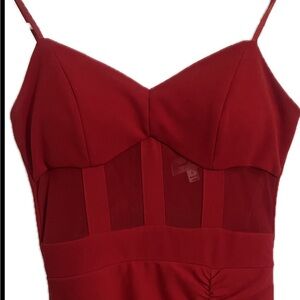 Red ruched mesh overlay dress